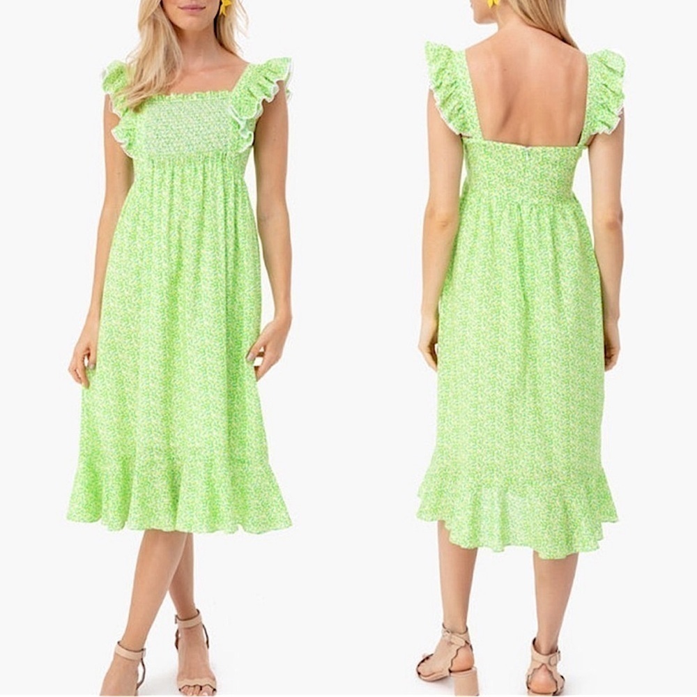 Tuckernuck Lemon Grove ruffle floral apron cotton midi dress green size medium